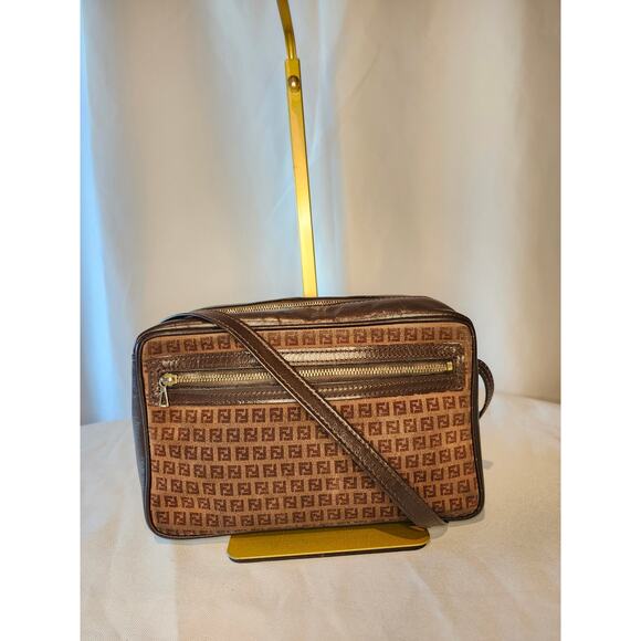 SOLD Fendi Suede and Leather Zucchino FF Logo Crossbody Bag Brown Made in Italy - Picture 2 of 16